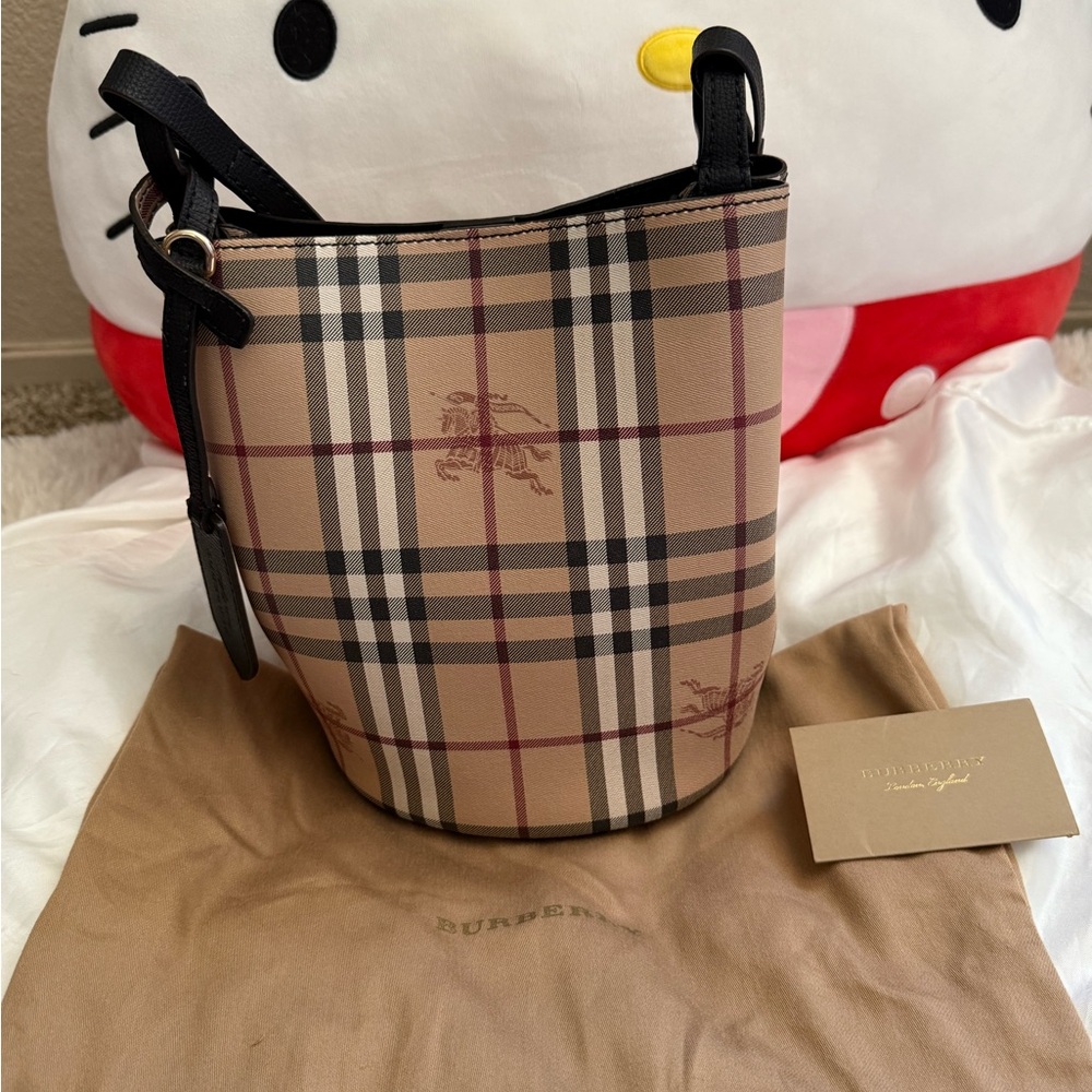 Burberry Beige and Black Plaid Bucket Bag